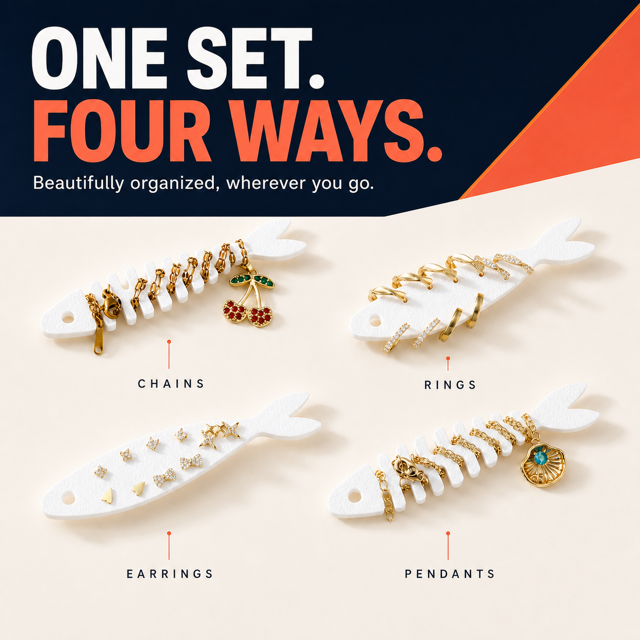 Four fishbone jewelry organizers for chains rings earrings and pendants