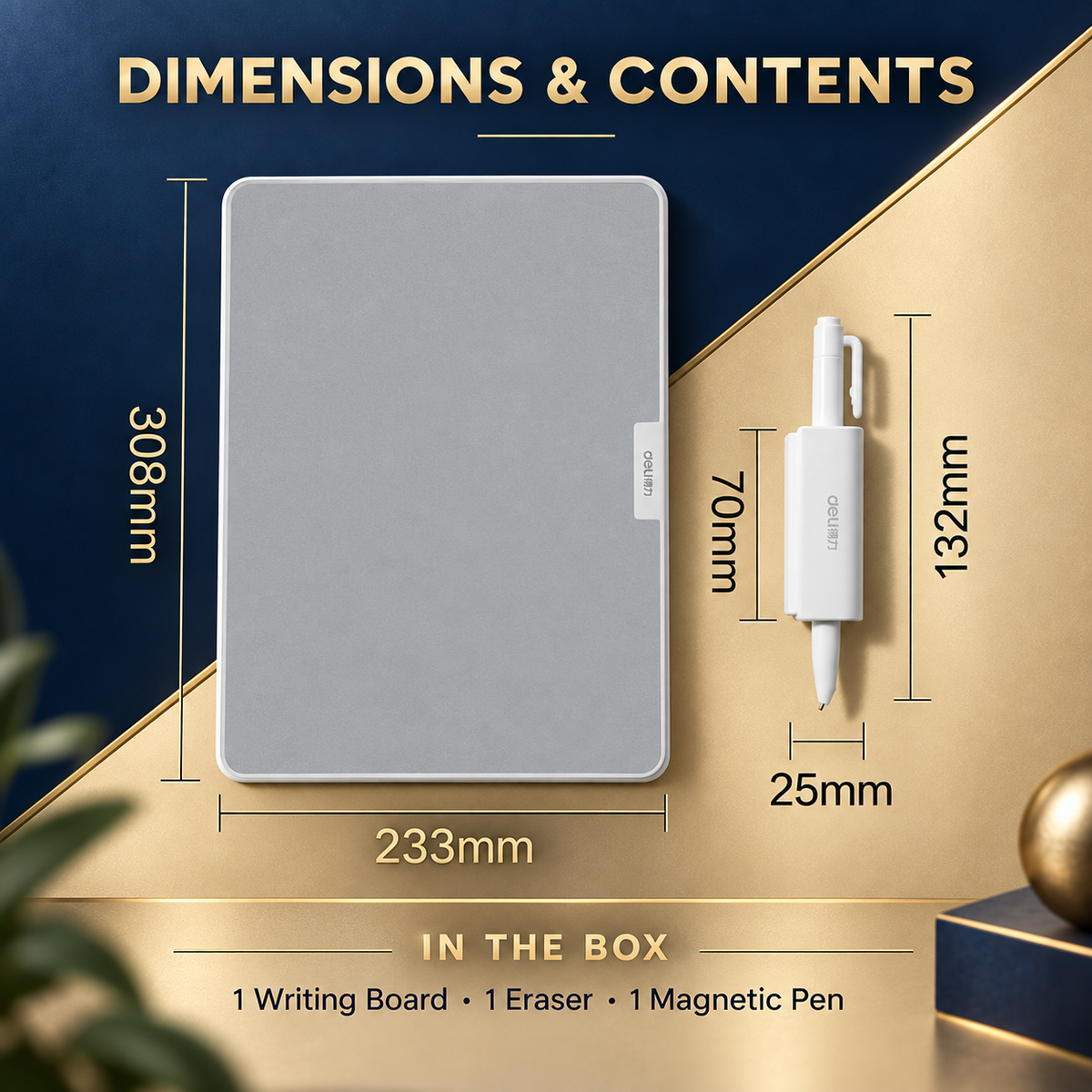 Board dimensions 308 by 233 mm and package contents
