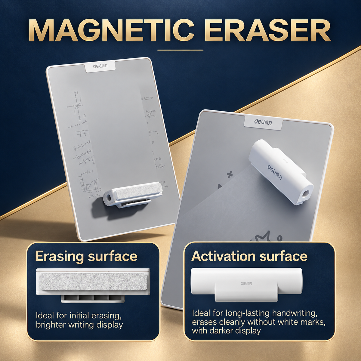 Magnetic eraser surfaces shown on writing boards