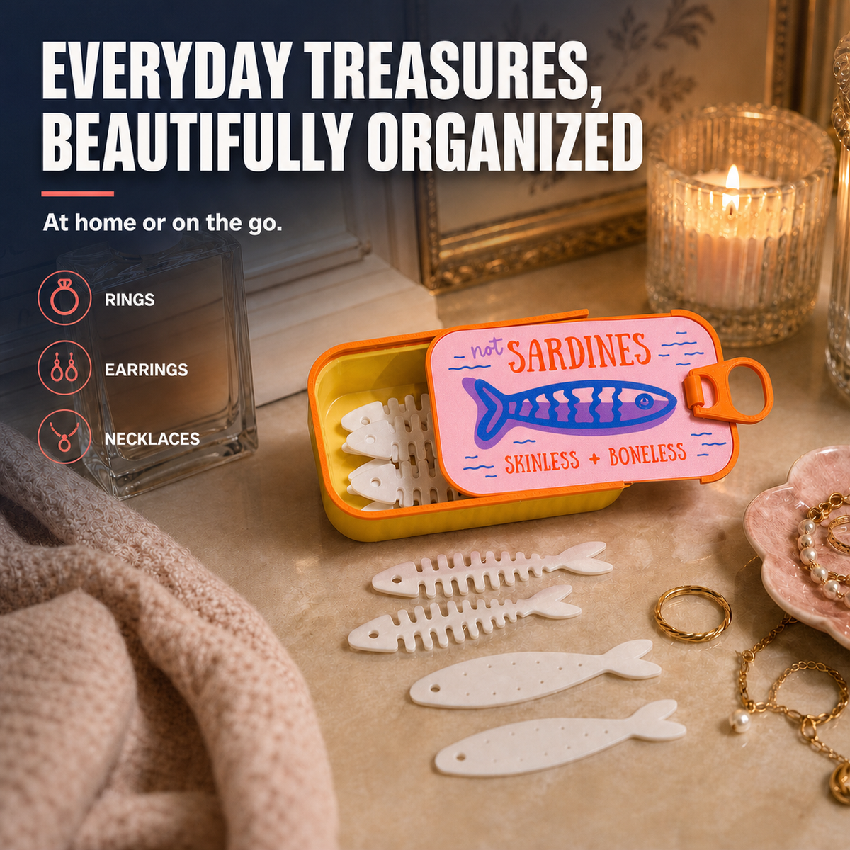 Sardine jewelry case in a warm vanity setting